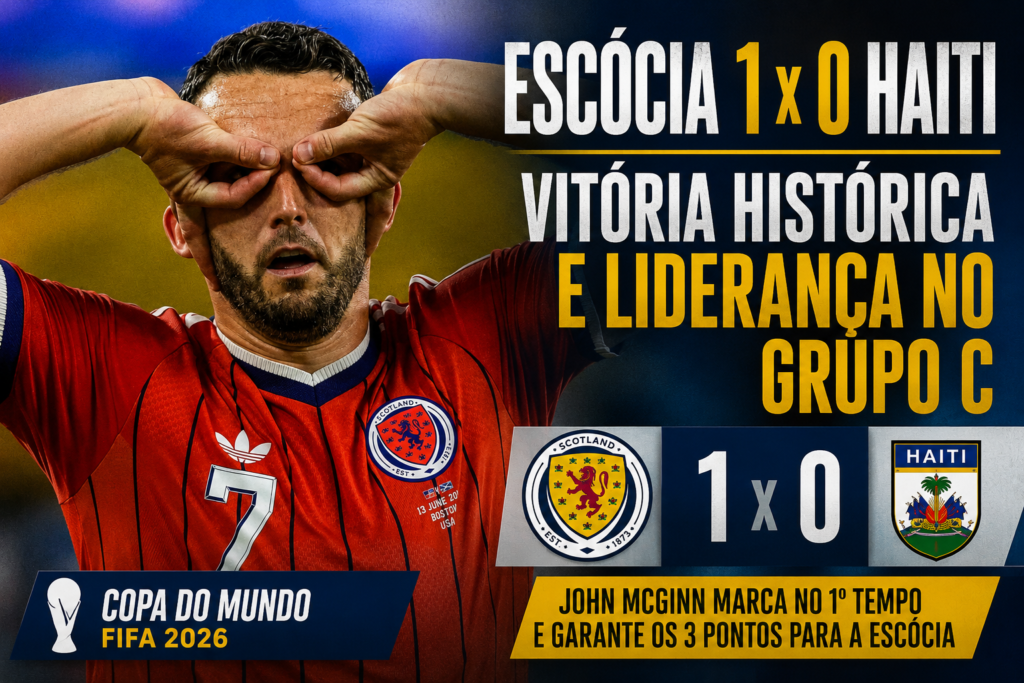John McGinn comemora o gol da vitória da Escócia sobre o Haiti na Copa do Mundo FIFA 2026, em imagem de destaque do triunfo por 1 a 0 que colocou os escoceses na liderança do Grupo C