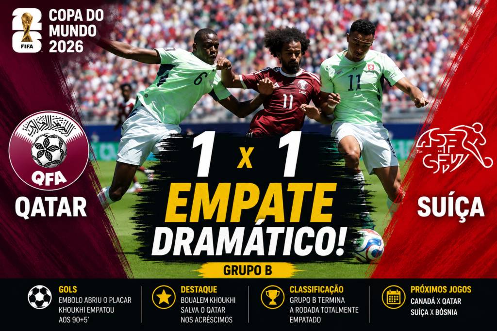 Jogadores de Qatar e Suíça disputam a bola em lance intenso durante o empate por 1 a 1 pela primeira rodada do Grupo B da Copa do Mundo FIFA 2026, em partida realizada no Levi's Stadium, nos Estados Unidos.