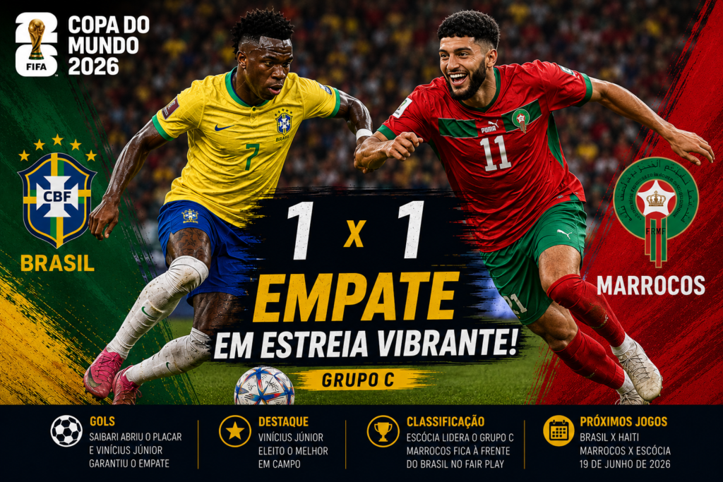 Brasil 1 x 1 Marrocos na Copa do Mundo 2026: Ismael Saibari e Vinícius Júnior em destaque durante partida do Grupo C que terminou empatada e manteve a disputa pela classificação totalmente aberta.