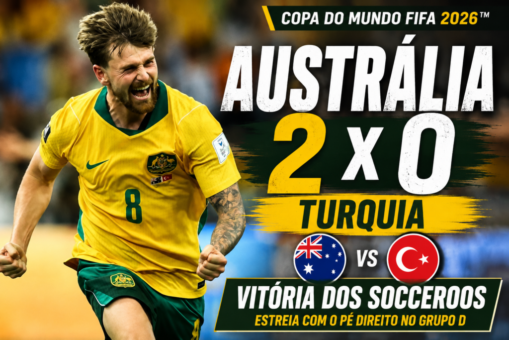 Connor Metcalfe jogador da Austrália comemora a vitória por 2 a 0 sobre a Turquia na estreia do Grupo D da Copa do Mundo FIFA 2026.
