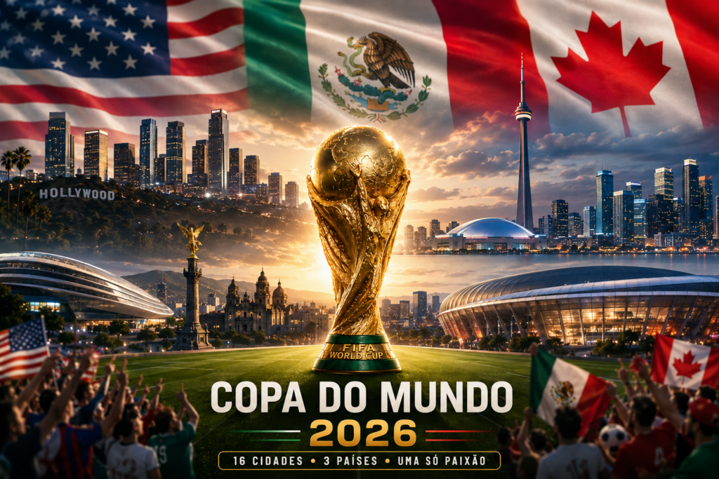 Troféu da Copa do Mundo 2026 em estádio iluminado com bandeiras dos Estados Unidos, Canadá e México, países anfitriões das 16 cidades-sede do Mundial FIFA 2026.