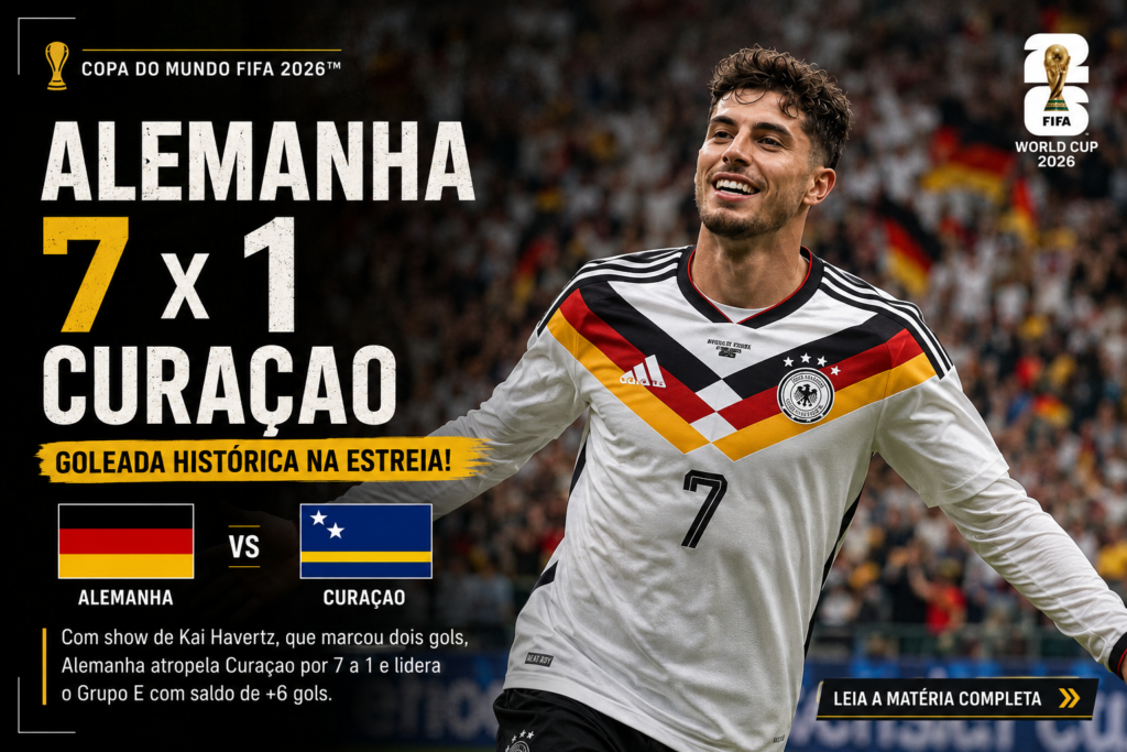 Kai Havertz jogador da Alemanha comemora durante a goleada por 7 a 1 sobre Curaçao na estreia da Copa do Mundo FIFA 2026, resultado que colocou os alemães na liderança do Grupo E com atuação dominante.