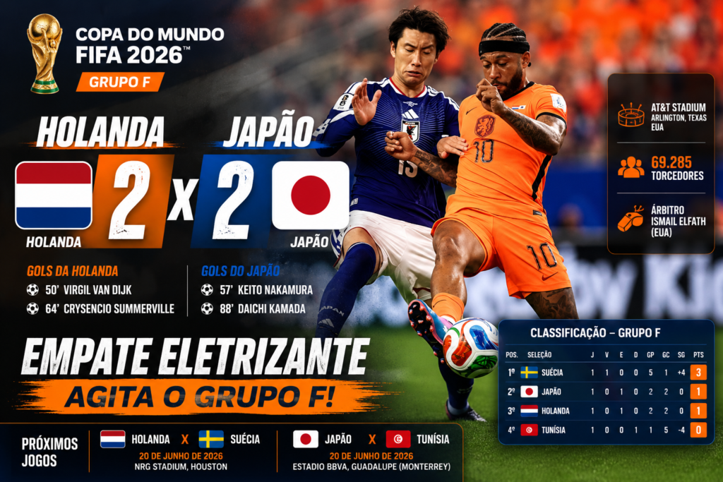 Holanda x Japão pela Copa do Mundo 2026 em partida do Grupo F no AT&T Stadium, com jogadores disputando a bola e placar final de 2 a 2 em confronto emocionante da fase de grupos.