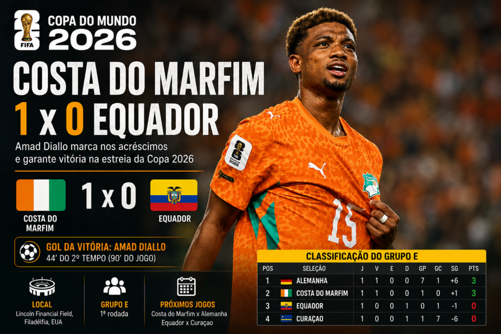 Amad Diallo comemora o gol da vitória da Costa do Marfim sobre o Equador por 1 a 0 na Copa do Mundo 2026, em partida válida pela primeira rodada do Grupo E disputada na Filadélfia.