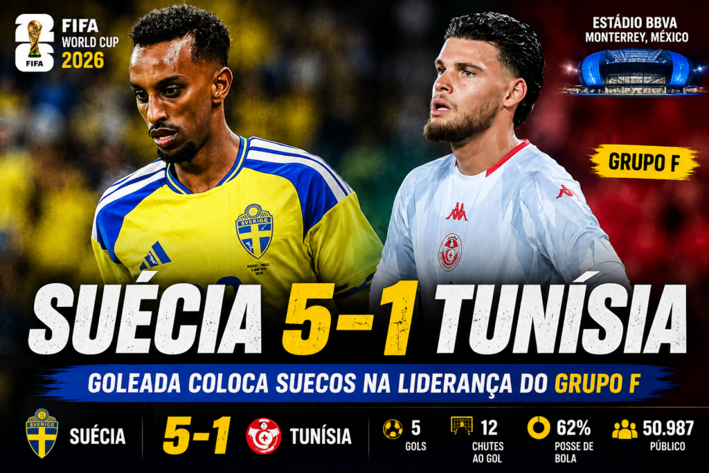 Suécia goleia a Tunísia por 5 a 1 na Copa do Mundo 2026 e assume a liderança do Grupo F após atuação dominante na estreia.