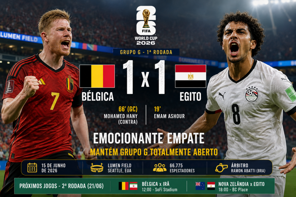 Bélgica e Egito empatam por 1 a 1 na Copa do Mundo FIFA 2026 em Seattle, com destaque para Emam Ashour e o gol contra de Mohamed Hany que definiu o resultado do Grupo G.