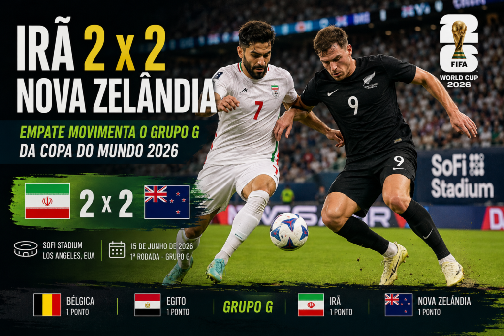 Jogadores do Irã e da Nova Zelândia disputam a bola durante empate por 2 a 2 no SoFi Stadium, em Los Angeles, pela primeira rodada do Grupo G da Copa do Mundo FIFA 2026.