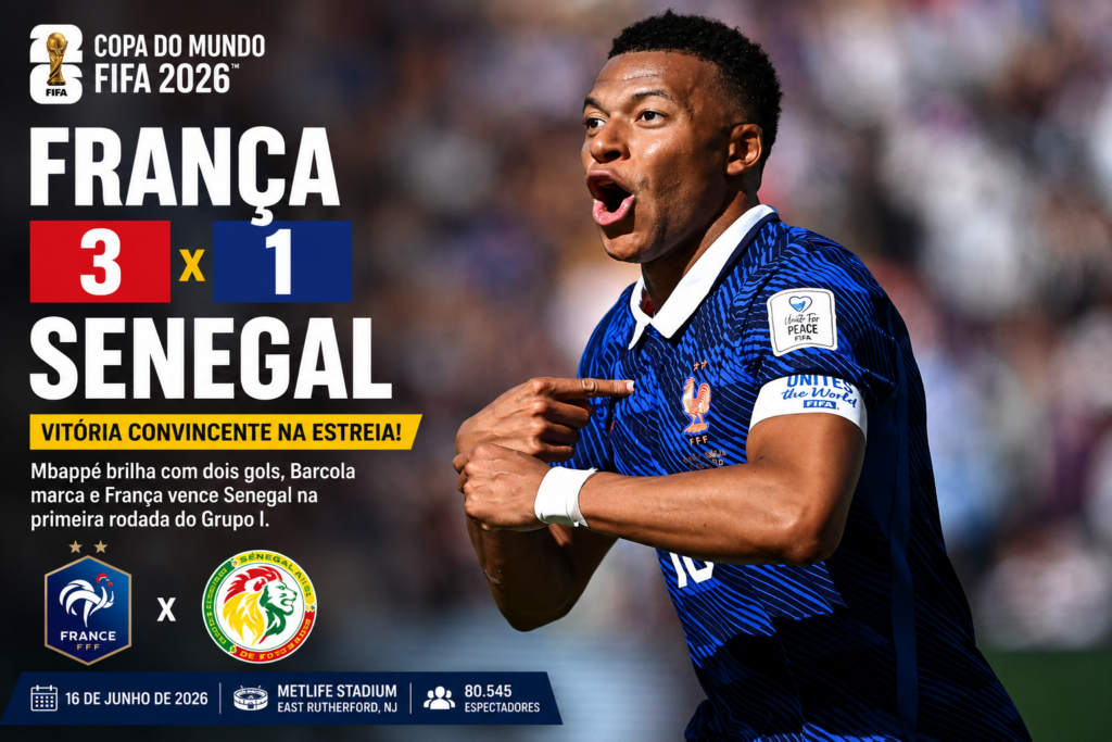 Kylian Mbappé celebra durante a vitória da França por 3 a 1 contra Senegal na Copa do Mundo 2026, em jogo do Grupo I disputado no MetLife Stadium, em Nova Jersey.