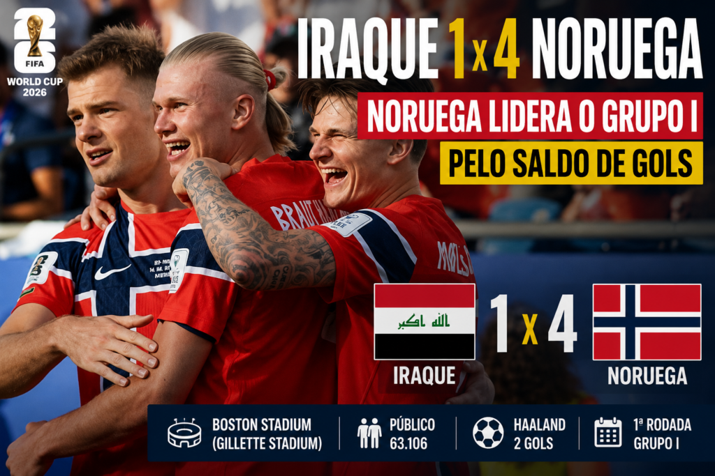 Jogadores da seleção da Noruega comemoram a vitória por 4 a 1 sobre o Iraque na Copa do Mundo FIFA 2026, com destaque para Erling Haaland após atuação decisiva no Grupo I.