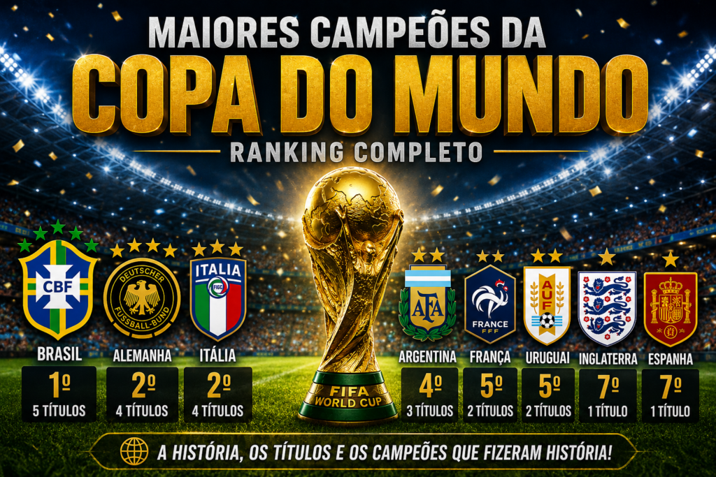 Ranking dos maiores campeões da Copa do Mundo FIFA com Brasil, Alemanha, Itália, Argentina, França, Uruguai, Inglaterra e Espanha ao lado do troféu mundial em estádio iluminado.