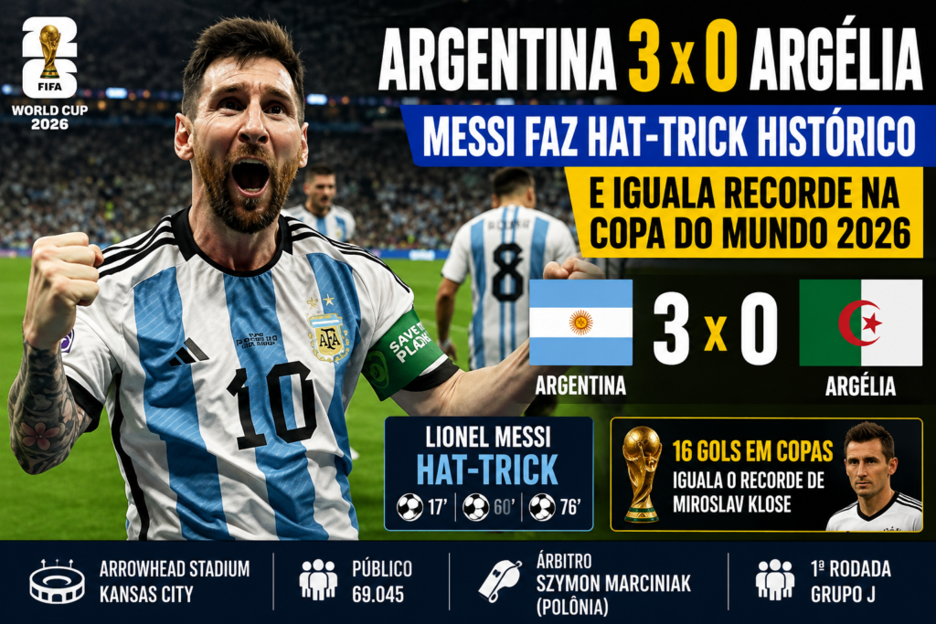 Lionel Messi comemora um dos três gols na vitória da Argentina por 3 a 0 sobre a Argélia na Copa do Mundo FIFA 2026, resultado que colocou os argentinos na liderança do Grupo J e igualou um recorde histórico de artilharia em Copas do Mundo.