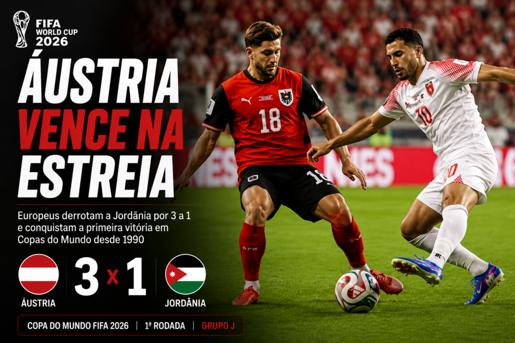 Áustria vence a Jordânia por 3 a 1 na estreia da Copa do Mundo FIFA 2026, com jogadores disputando a bola durante partida do Grupo J no San Francisco Bay Area Stadium, em Santa Clara.