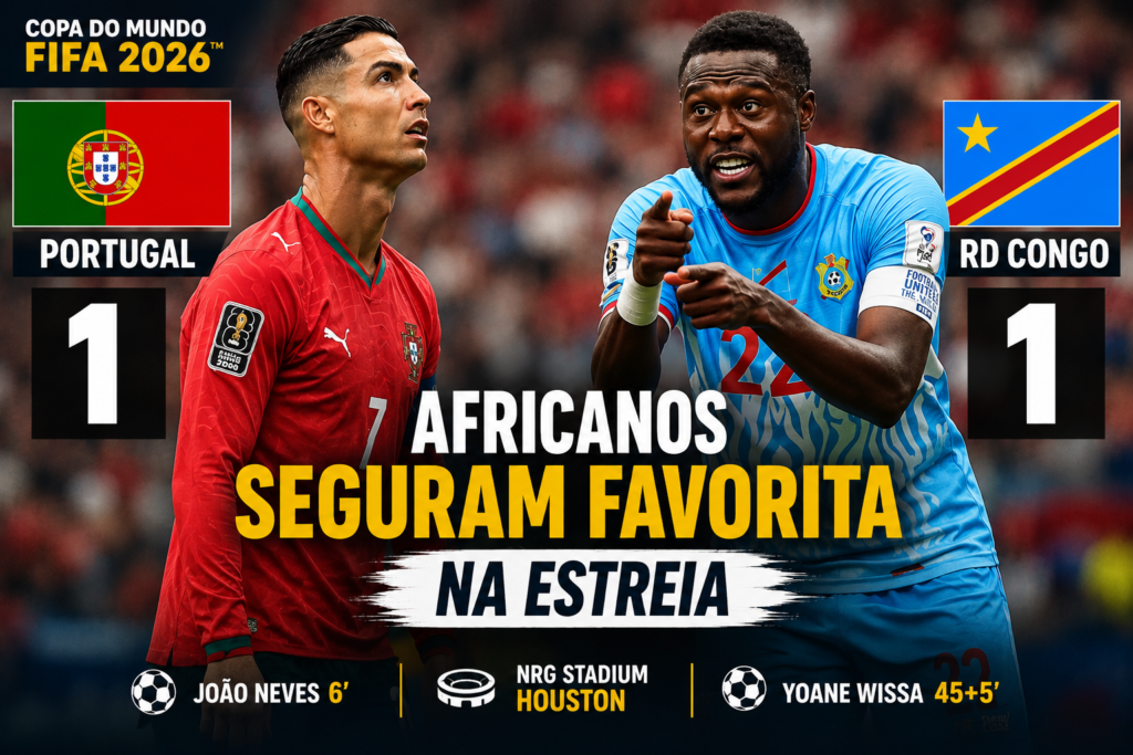 Jogadores de Portugal e da República Democrática do Congo em destaque após empate por 1 a 1 na Copa do Mundo 2026, resultado que surpreendeu o Grupo K e manteve a disputa pela classificação totalmente aberta.