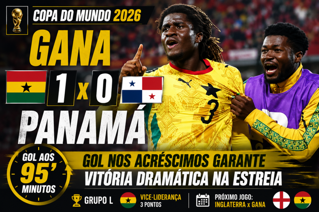 Jogadores de Gana comemoram gol decisivo nos acréscimos da vitória por 1 a 0 sobre o Panamá na estreia da Copa do Mundo FIFA 2026, resultado que colocou os africanos na vice-liderança do Grupo L.