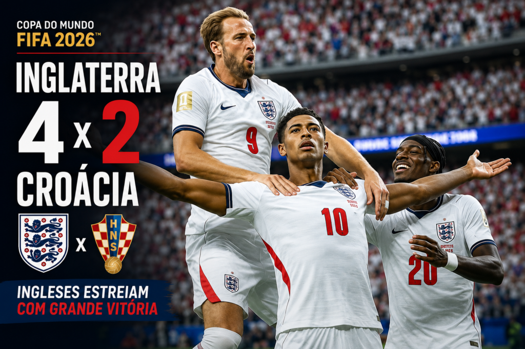 Harry Kane, Jude Bellingham e companheiros comemoram a vitória da Inglaterra por 4 a 2 sobre a Croácia na estreia da Copa do Mundo FIFA 2026, em partida válida pelo Grupo L.