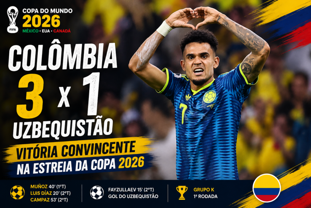Luis Díaz comemora gol pela Colômbia durante a vitória por 3 a 1 sobre o Uzbequistão na estreia da Copa do Mundo FIFA 2026, em partida válida pelo Grupo K.