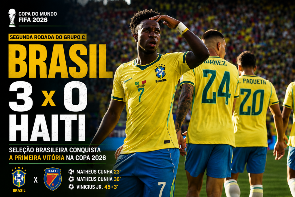 Vinicius Jr. comemora durante a vitória do Brasil por 3 a 0 sobre o Haiti pela segunda rodada do Grupo C da Copa do Mundo FIFA 2026, em partida disputada no Lincoln Financial Field, na Filadélfia.