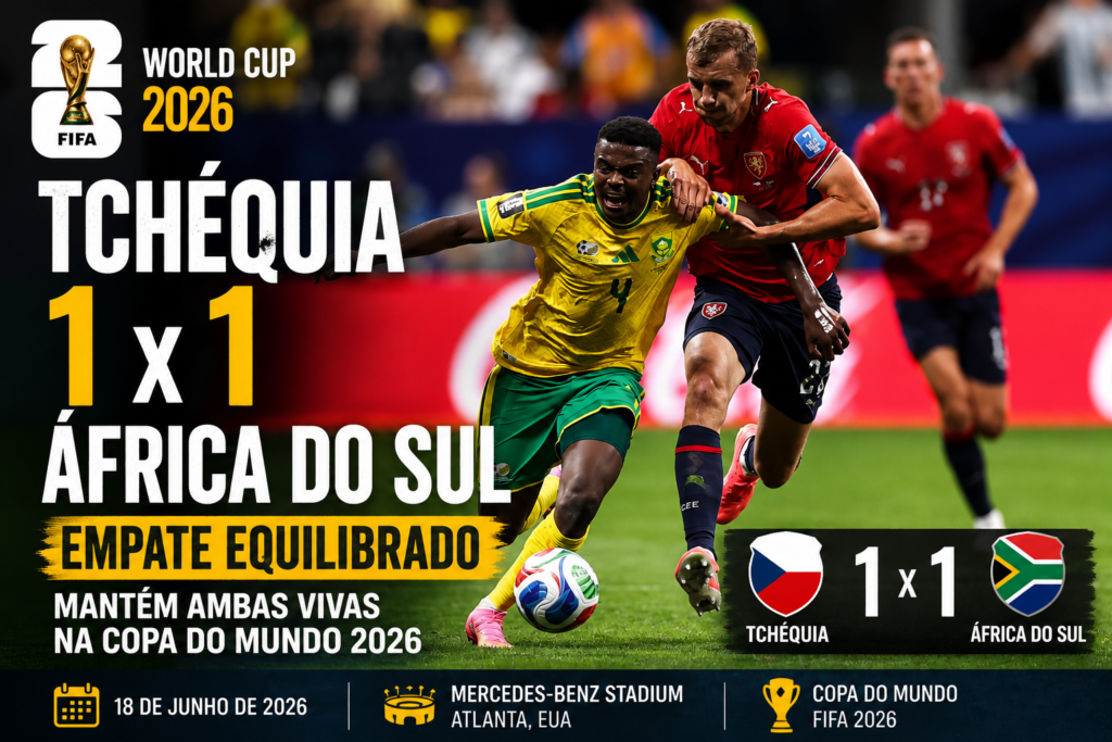 Jogador da África do Sul disputa a bola com atleta da Tchéquia durante empate por 1 a 1 na Copa do Mundo FIFA 2026, em partida válida pela segunda rodada do Grupo A no Mercedes-Benz Stadium, em Atlanta.
