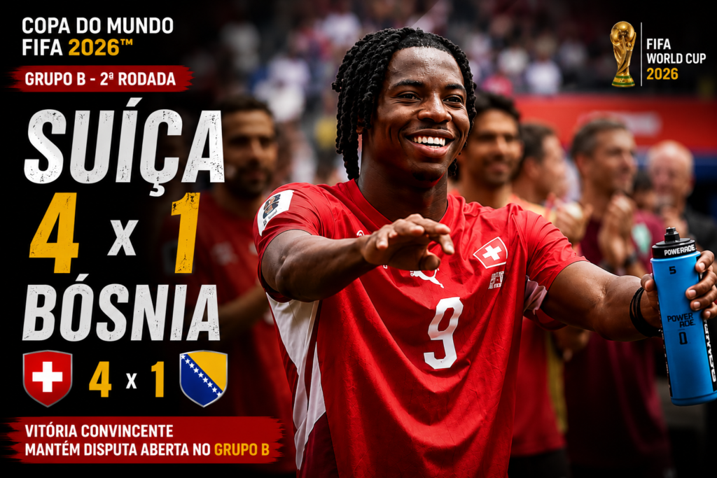 Jogador da Suíça comemora durante a vitória por 4 a 1 sobre a Bósnia e Herzegovina na segunda rodada da Copa do Mundo FIFA 2026, resultado que manteve os suíços na disputa pela liderança do Grupo B.