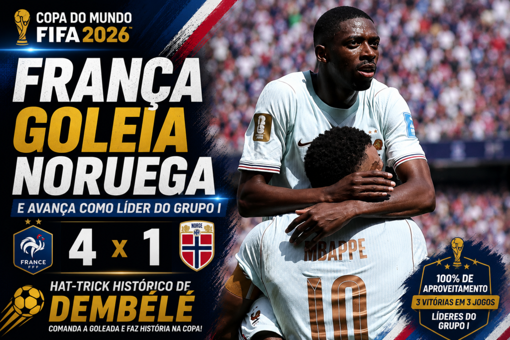 França goleia a Noruega por 4 a 1 na Copa do Mundo FIFA 2026, com Ousmane Dembélé marcando um hat-trick e garantindo a liderança do Grupo I.