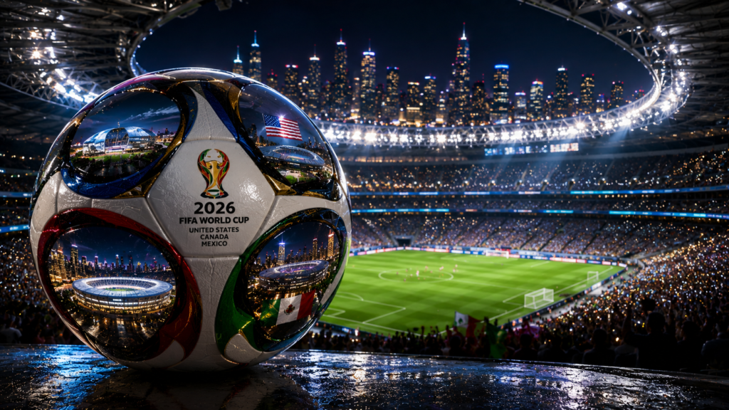 Bola de futebol em estádio iluminado à noite representando os estádios da Copa do Mundo 2026 nos Estados Unidos, Canadá e México.