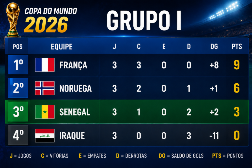 Classificação final do Grupo I da Copa do Mundo FIFA 2026, com França em primeiro lugar, Noruega em segundo, Senegal classificado em terceiro e Iraque eliminado após a fase de grupos.
