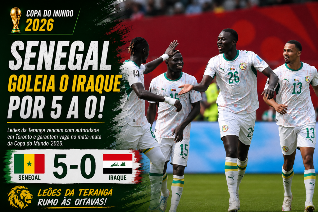 Jogadores da seleção de Senegal comemoram a vitória por 5 a 0 sobre o Iraque na Copa do Mundo FIFA 2026, resultado que garantiu a classificação dos Leões da Teranga para as oitavas de final do torneio.
