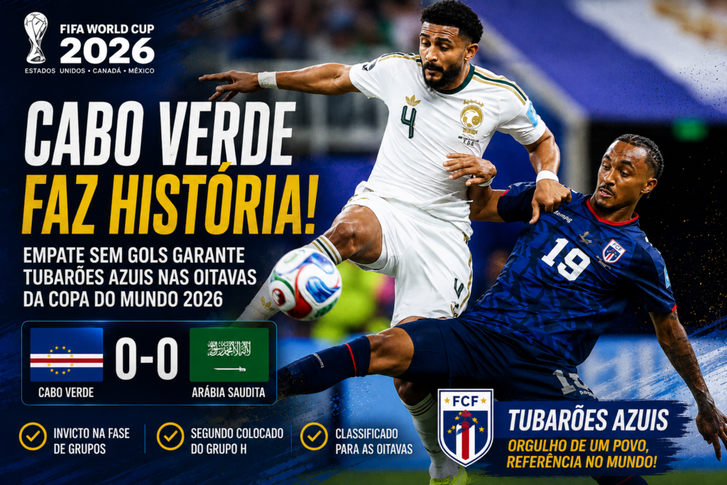 Jogador de Cabo Verde disputa a bola com atleta da Arábia Saudita durante empate por 0 a 0 na fase de grupos da Copa do Mundo FIFA 2026. Resultado histórico garantiu a classificação inédita da seleção cabo-verdiana para as oitavas de final.