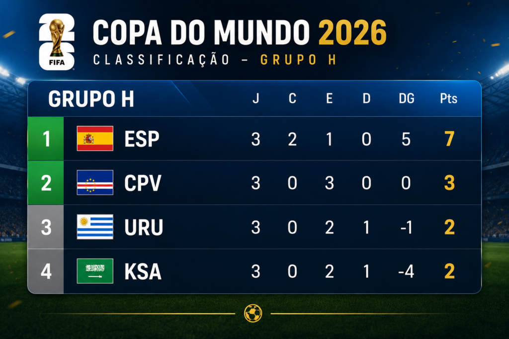 Tabela final do Grupo H da Copa do Mundo FIFA 2026 mostra Espanha em primeiro lugar com 7 pontos, Cabo Verde classificado em segundo com 3 pontos, Uruguai em terceiro e Arábia Saudita na quarta colocação.