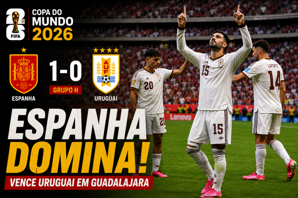 Álex Baena da Espanha comemora gol na vitória por 1 a 0 sobre o Uruguai pela Copa do Mundo FIFA 2026, resultado que garantiu a liderança do Grupo H e a classificação invicta às oitavas de final.