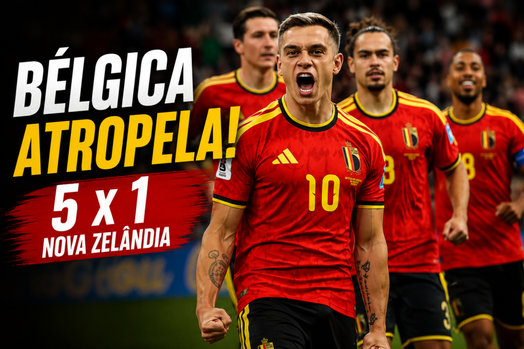 Jogadores da Bélgica comemoram a vitória por 5 a 1 sobre a Nova Zelândia na Copa do Mundo FIFA 2026, garantindo a liderança do Grupo G e a vaga na primeira fase eliminatória.
