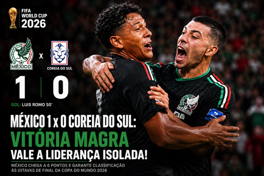 Jogadores do México comemoram a vitória por 1 a 0 sobre a Coreia do Sul na Copa do Mundo FIFA 2026, resultado que garantiu a liderança isolada do Grupo A e a classificação às oitavas de final.