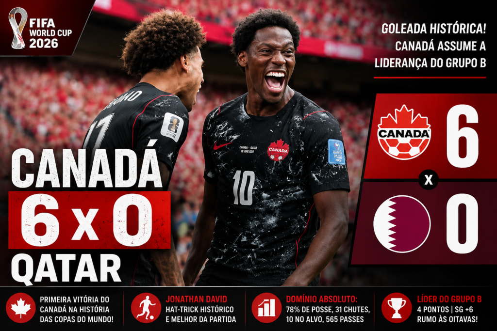 Canadá goleia o Qatar por 6 a 0 e assume a liderança do Grupo B da Copa do Mundo FIFA 2026 com atuação dominante em Vancouver.