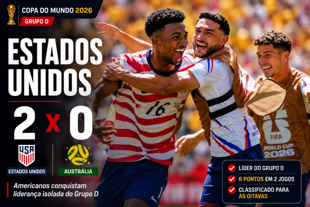 Jogadores dos Estados Unidos comemoram a vitória por 2 a 0 sobre a Austrália pela segunda rodada do Grupo D da Copa do Mundo FIFA 2026, resultado que garantiu a liderança isolada da seleção americana.