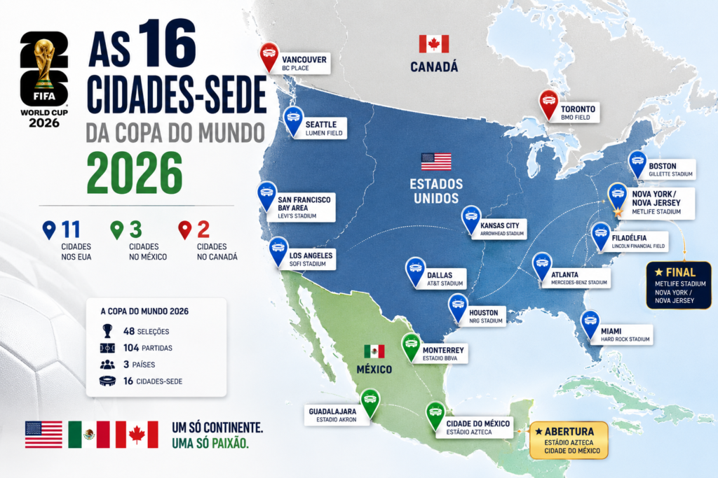 Infográfico das cidades-sede da Copa do Mundo FIFA 2026 mostrando Vancouver, Toronto, Cidade do México, Guadalajara, Monterrey, Nova York/Nova Jersey, Los Angeles, Miami, Dallas e outras sedes do torneio nos Estados Unidos, Canadá e México.