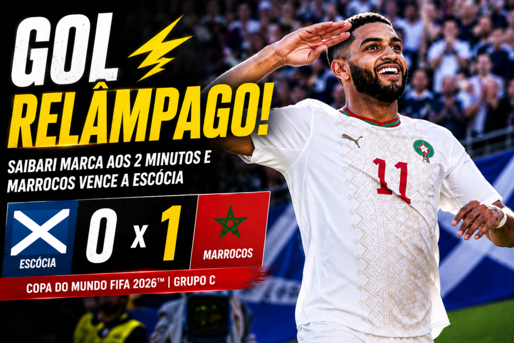 Ismael Saibari jogador do Marrocos comemora o gol da vitória por 1 a 0 sobre a Escócia na Copa do Mundo FIFA 2026, em partida válida pela segunda rodada do Grupo C.