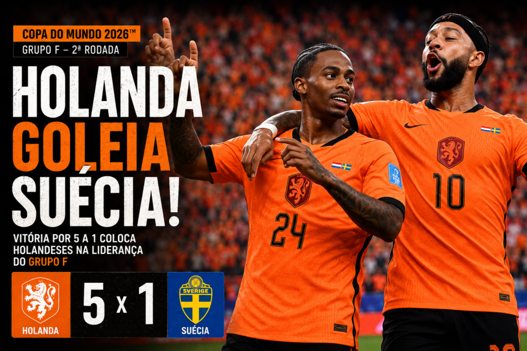 Jogadores da Holanda comemoram a vitória por 5 a 1 sobre a Suécia pela segunda rodada do Grupo F da Copa do Mundo FIFA 2026, resultado que colocou a seleção holandesa na liderança da chave.