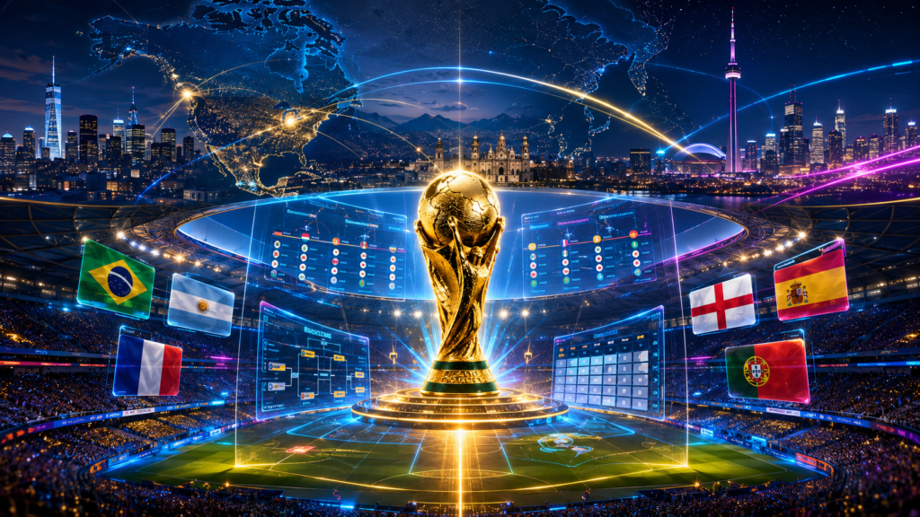 Calendário da Copa do Mundo 2026 com datas dos jogos, grupos do Mundial, troféu dourado e cidades-sede dos Estados Unidos, Canadá e México.