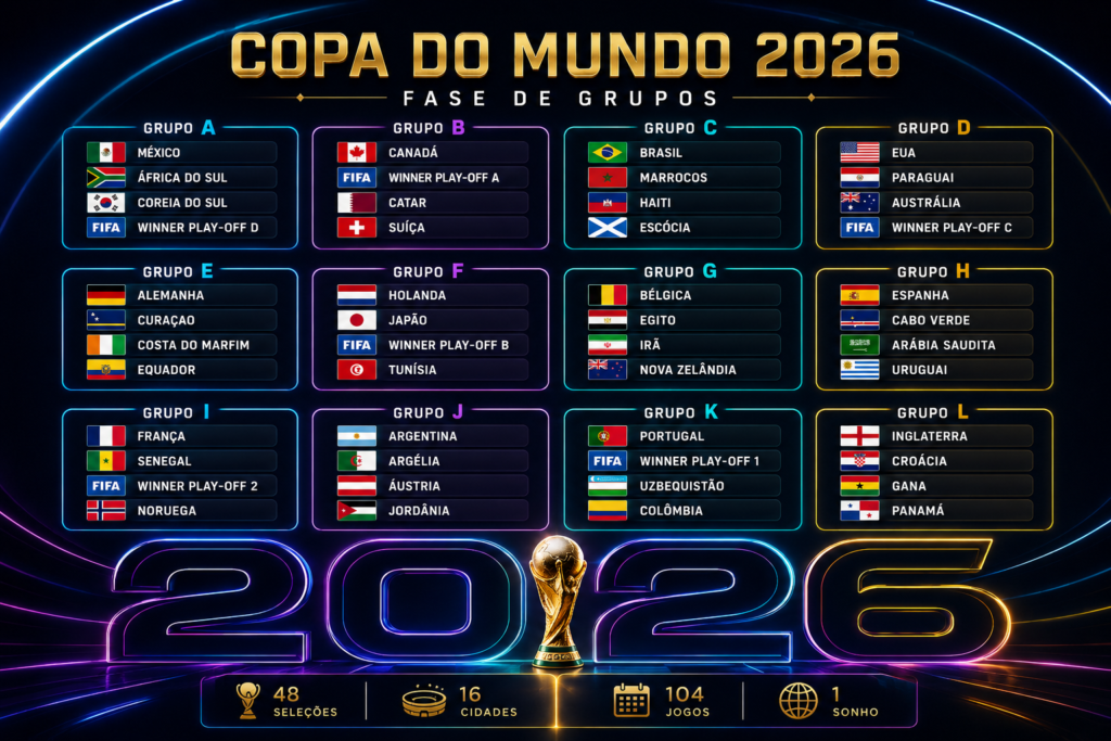 Grupos da Copa do Mundo 2026 com as 48 seleções classificadas, tabela completa do Mundial e formato oficial da competição.