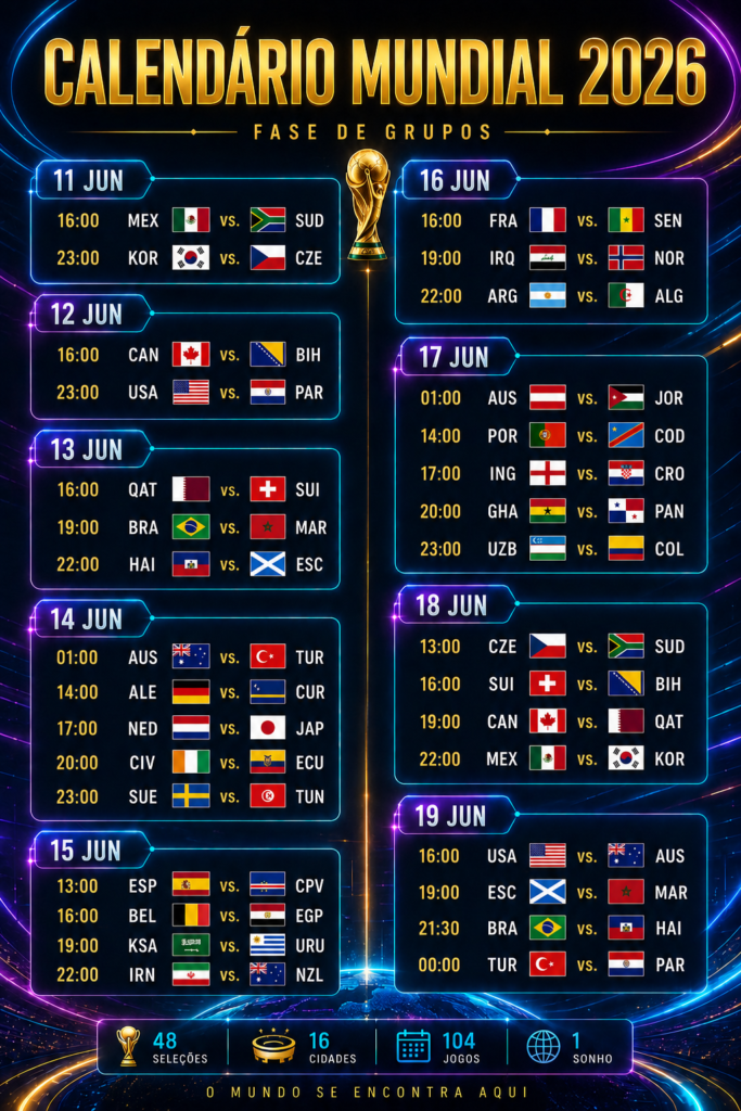 Calendário da Copa do Mundo 2026 com confrontos da fase de grupos, datas dos jogos e estreia das principais seleções do Mundial.