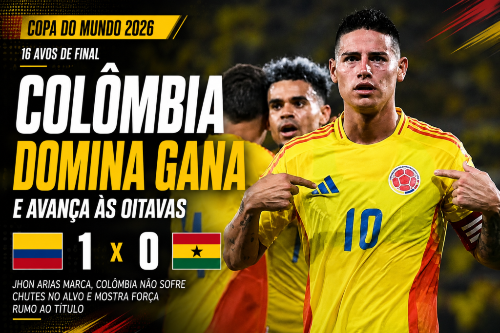 Colômbia vence Gana por 1 a 0 nos 16 avos de final da Copa do Mundo 2026, com Jhon Arias comemorando o gol que garantiu a classificação da seleção colombiana para as oitavas de final.