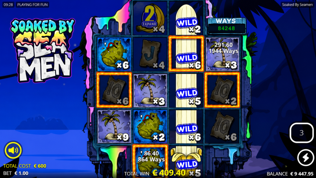 Slot Soaked by Seaman da Nolimit City com Fire Frames, Wilds expandidos, multiplicadores de posição, 225 Win Ways e vitória durante uma rodada bônus.