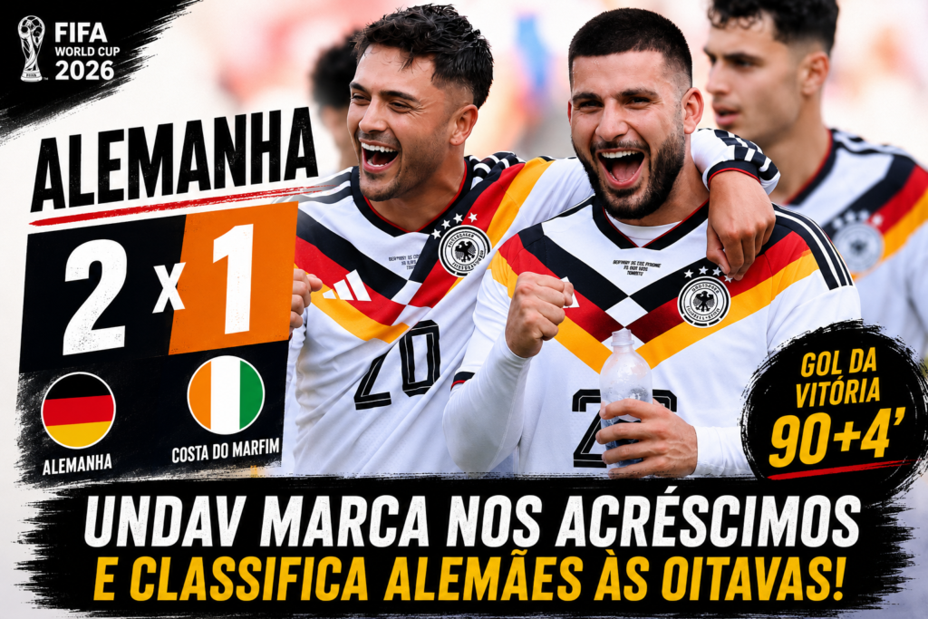 Jogadores da Alemanha comemoram a vitória por 2 a 1 sobre a Costa do Marfim na Copa do Mundo FIFA 2026, com destaque para Deniz Undav, autor do gol decisivo nos acréscimos que garantiu a classificação alemã às oitavas de final.