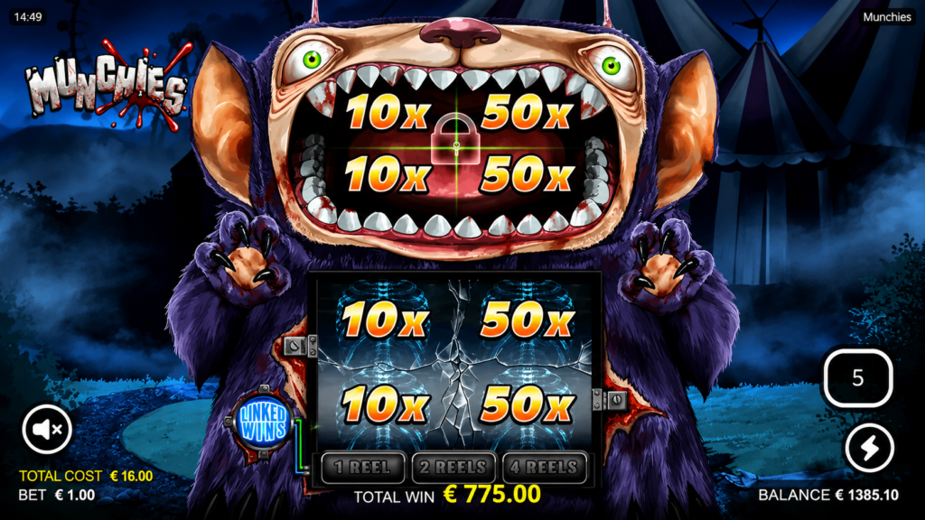 Munchies slot da Nolimit City exibindo multiplicadores de 10x e 50x durante a jogabilidade.