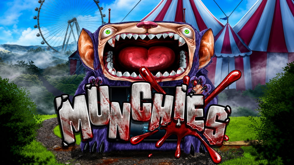 Munchies slot online de terror da Nolimit City com criatura monstruosa e temática de terror em parque de diversões sombrio.