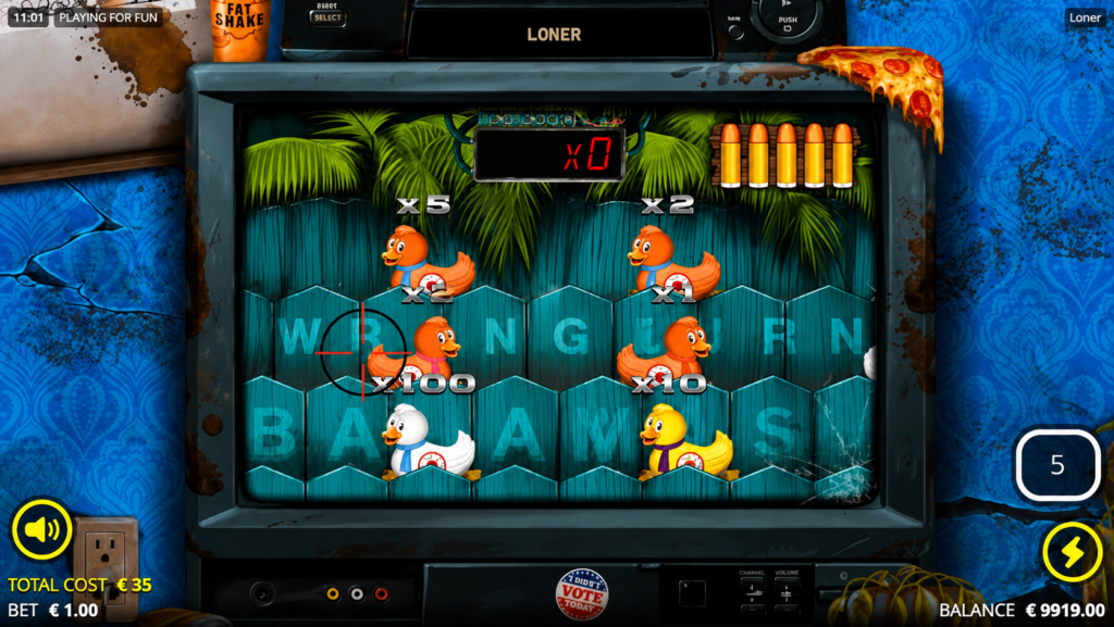 Minijogo Shoot Shoot Duck do slot Loner da Nolimit City exibindo patos com multiplicadores, contador de munição e mecânica de tiros para coletar prêmios e alcançar o Max Win de 14.999x.