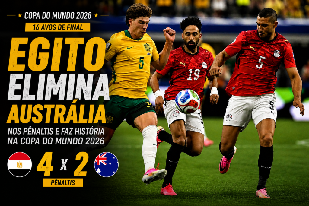 Egito eliminou a Austrália nos pênaltis por 4 a 2 após empate por 1 a 1 nos 16 avos de final da Copa do Mundo FIFA 2026, em partida disputada no AT&T Stadium.