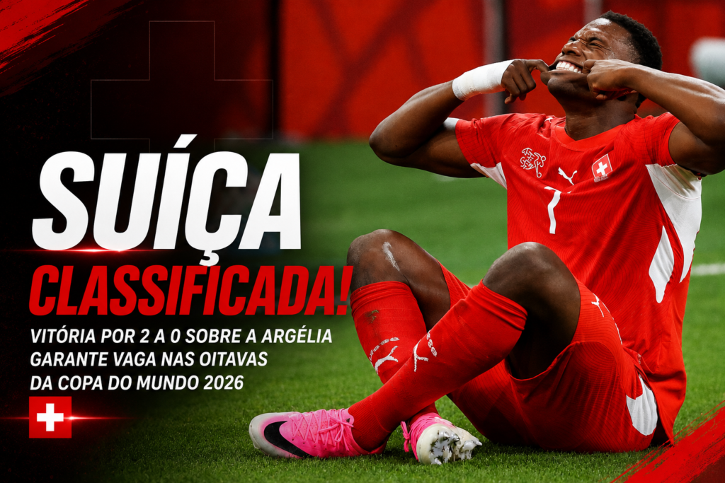 Jogador da Suíça comemora gol na vitória por 2 a 0 sobre a Argélia pelos 16 avos de final da Copa do Mundo 2026, resultado que garantiu a classificação suíça para as oitavas de final.