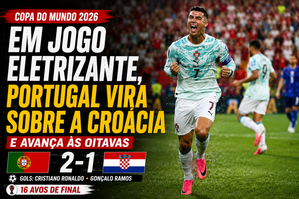 Cristiano Ronaldo comemora gol na vitória de Portugal por 2 a 1 sobre a Croácia nos 16 avos de final da Copa do Mundo FIFA 2026, garantindo a classificação da seleção portuguesa para as oitavas de final.