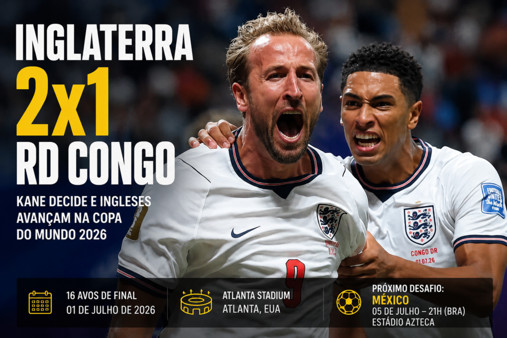 Harry Kane comemora um dos gols da vitória da Inglaterra por 2 a 1 sobre a RD Congo nos 16 avos de final da Copa do Mundo FIFA 2026, em Atlanta, garantindo a classificação inglesa para as oitavas de final.